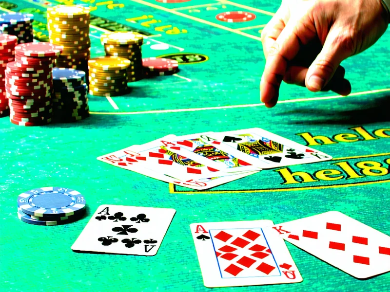 Bàn chơi Blackjack với các quân bài và chip cược tại hello88