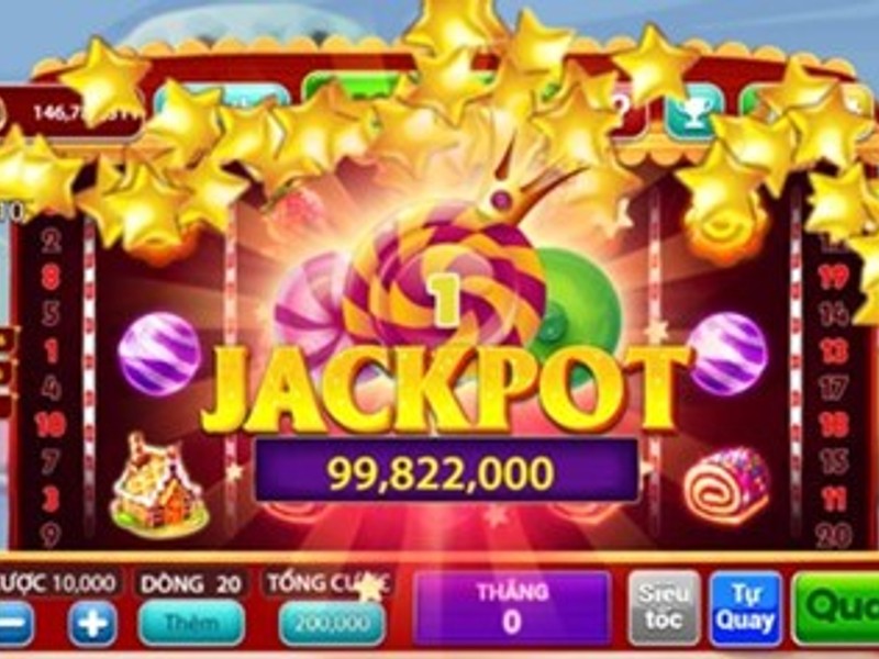Màn hình trò chơi máy đánh bạc với các biểu tượng đầy màu sắc và thông báo trúng Jackpot.