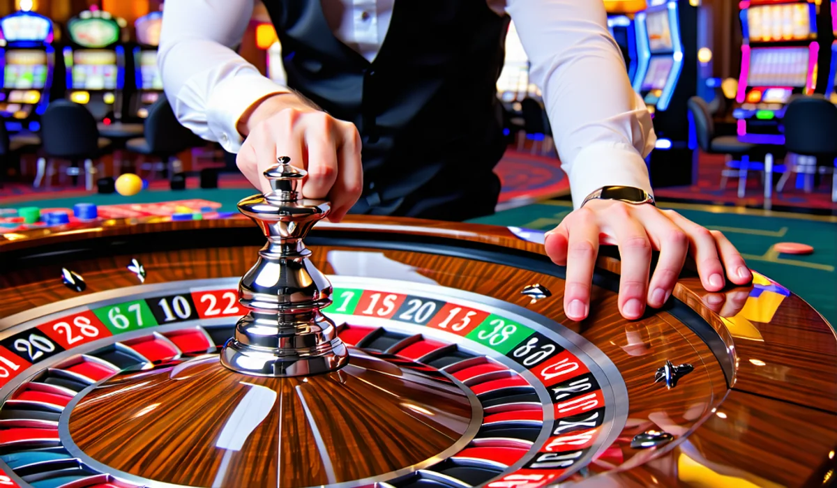 Người chia bài trực tiếp đang quay bánh xe Roulette trong một sòng bạc trực tuyến của hello88